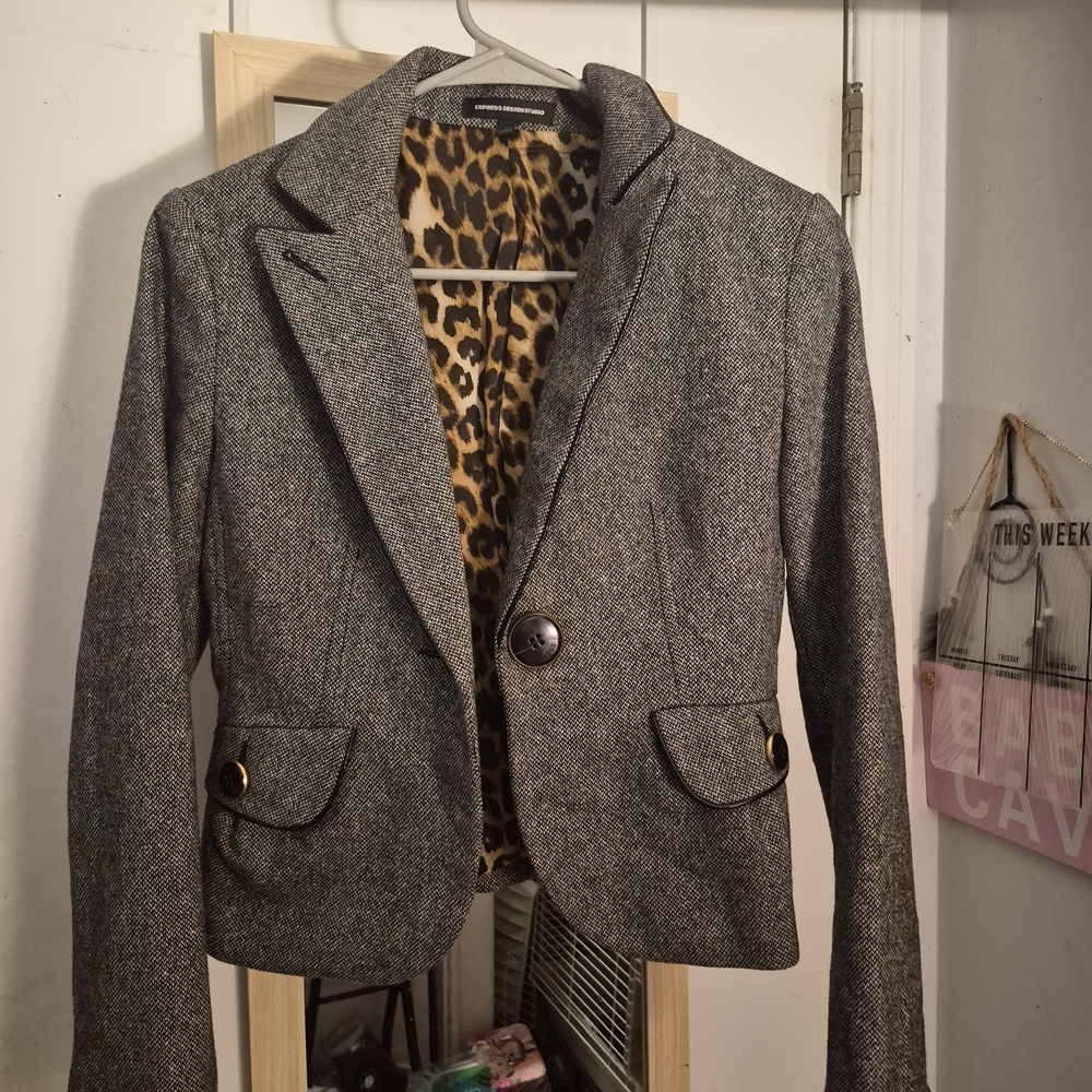 Express Charcoal Blazer with Leopard Lining